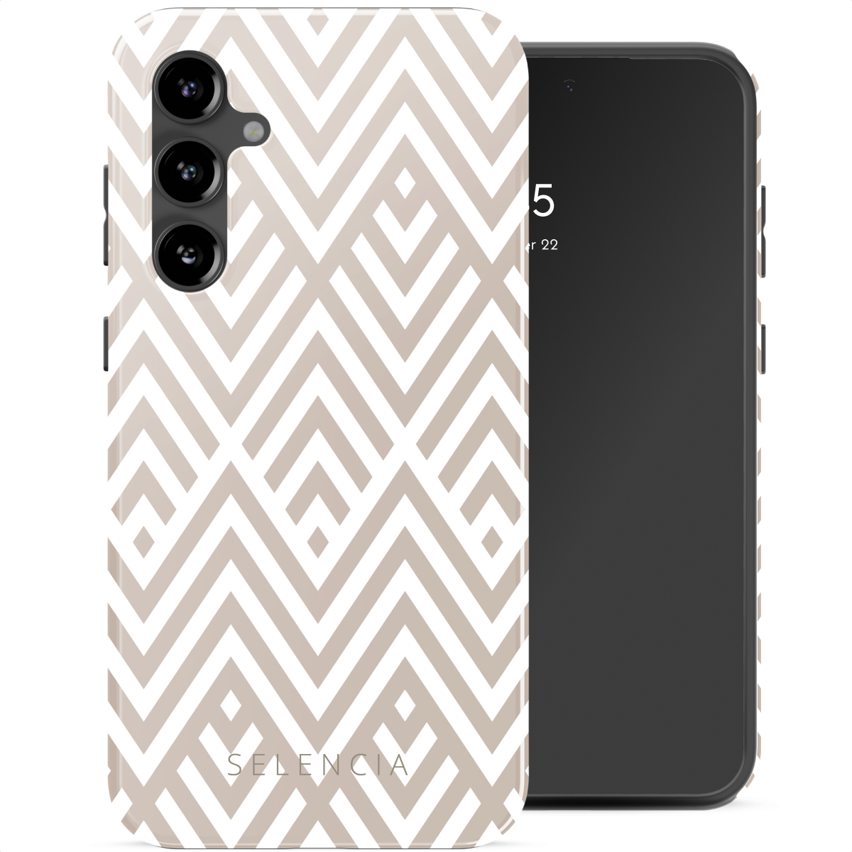 Telefoonhoesje met een wit en bruin geometrisch patroon. Telefoon heeft zwart scherm.