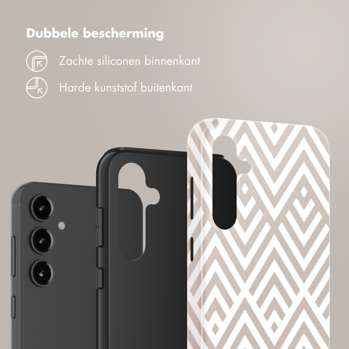 Telefoonhoesjes. Eén is zwart, één is wit met een geometrisch patroon en de telefoon wordt getoond.