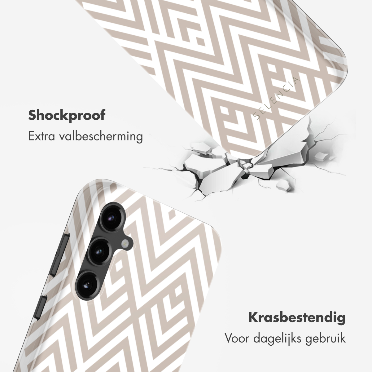 Telefoonhoesjes met geometrisch patroon, duurzaamheid tonen. Tekst: Schokbestendig, krasbestendig.