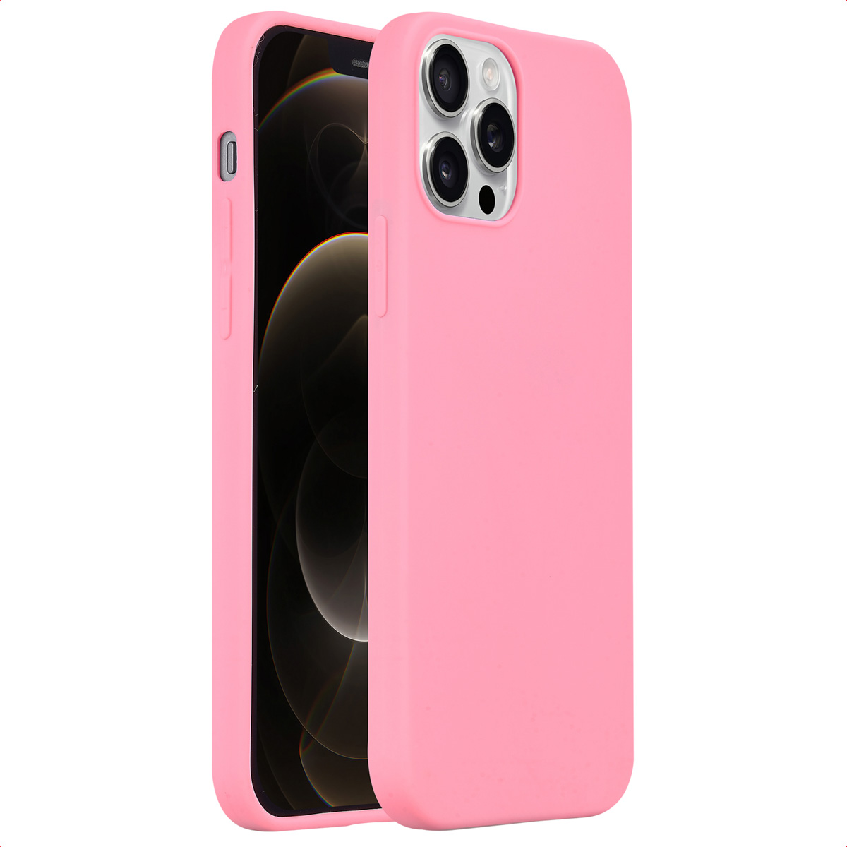 Coque de téléphone rose à gauche, iPhone à droite. La coque couvre tout le téléphone.