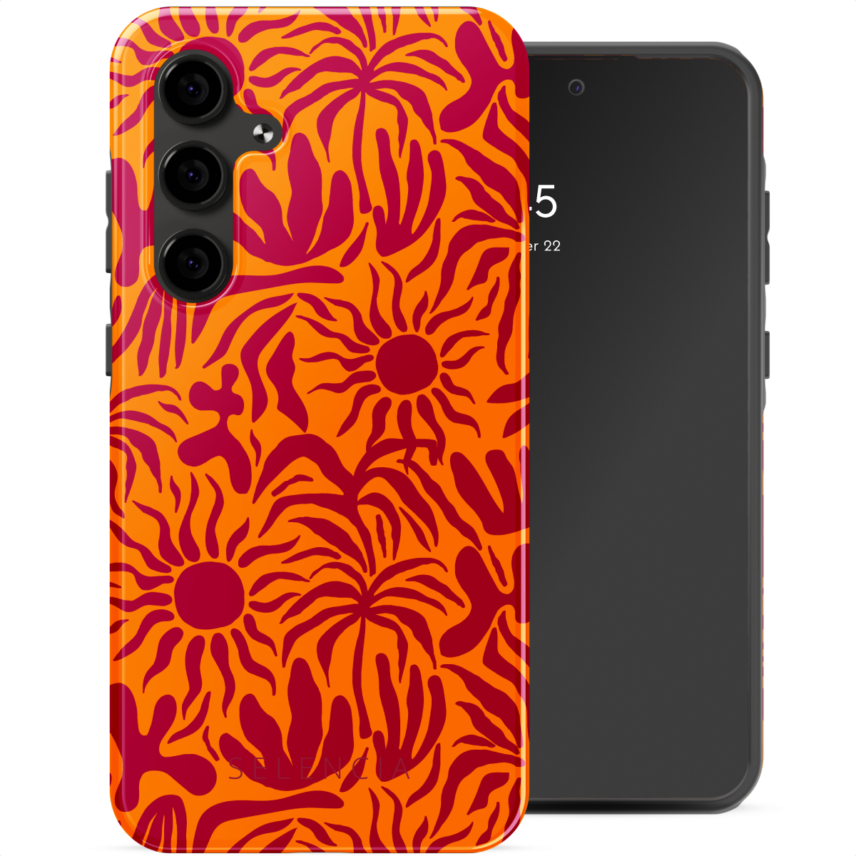 Oranje telefoonhoesje met rood bloemenpatroon en telefoon met zwart scherm.