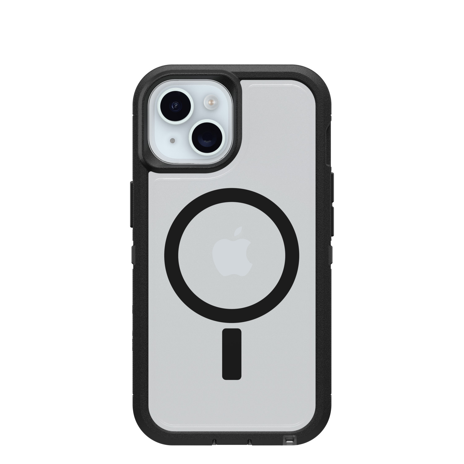 Transparante telefoonhoes met Apple-logo en zwarte rand op een telefoon.