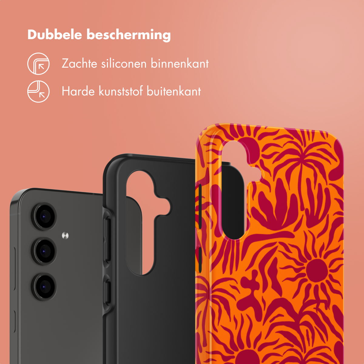 Telefoonhoesje met telefoon erin. Hoesje is oranje en zwart. Design met tekst.