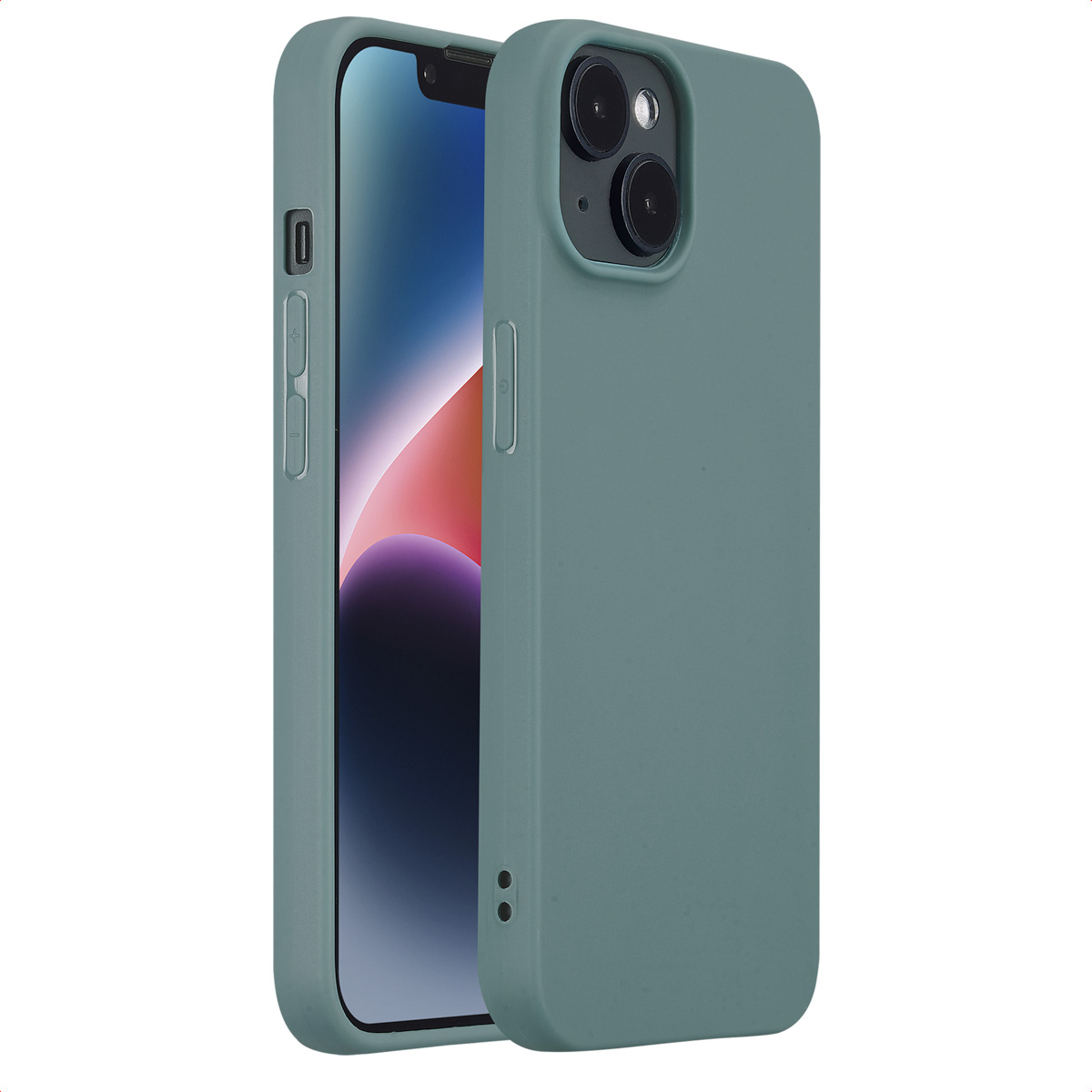 Een telefoon met een teal hoesje, schuin op een witte achtergrond. Zwart scherm.