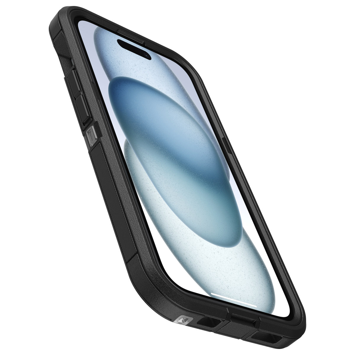 Zwarte telefoonhoes met zwarte rand en blauw-witte achtergrond.