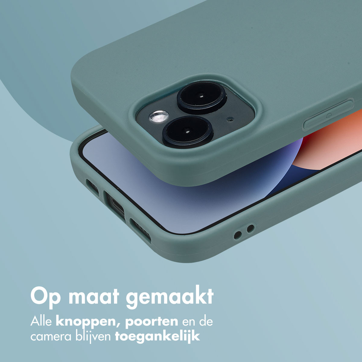Groene telefoonhoes die een telefoon bedekt. Inclusief camera, knoppen en poorten.