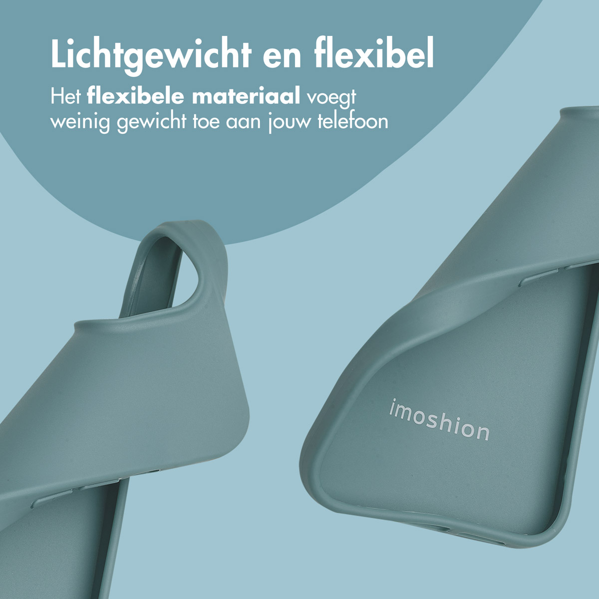 Twee blauwgroene telefoonhoesjes, één open, met tekst op een blauwe achtergrond.