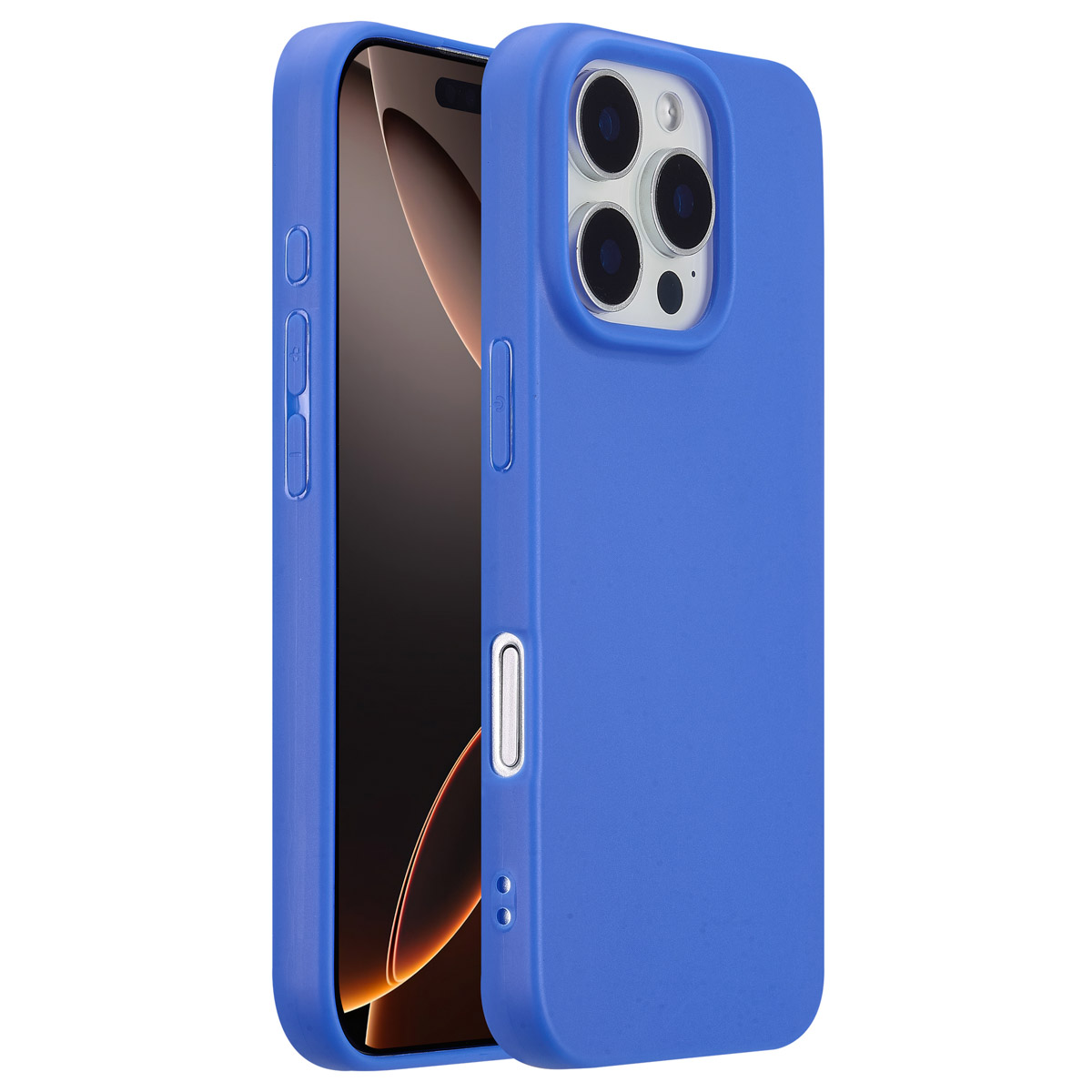 Coque de téléphone bleue avec smartphone ouvert, boutons visibles et caméra. Fond blanc.