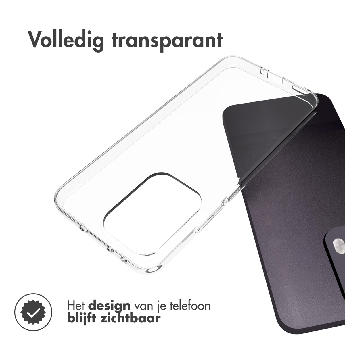 Una custodia trasparente su un telefono nero. Lo sfondo è di colore chiaro.