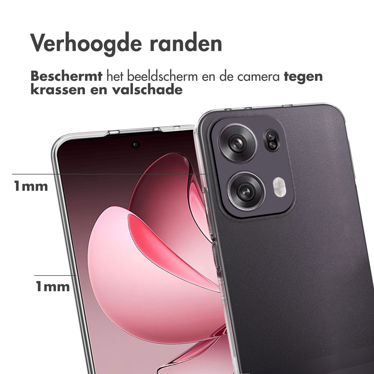 Close-up van telefoonhoesje met 1 mm verhoogde randen die scherm en camera beschermen tegen krassen.