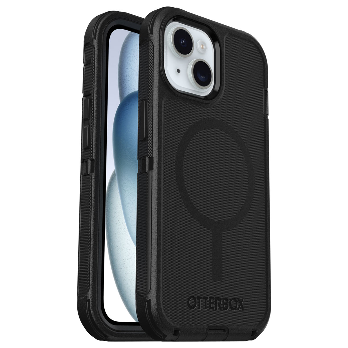 Zwarte telefoonhoes, open om een telefoon te laten zien. Zwarte hoes met Otterbox logo.