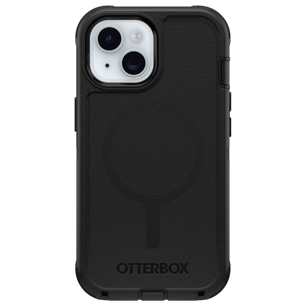 Een zwart telefoonhoesje. Het telefoonhoesje heeft een cirkelvormige inkeping. De hoes zit op een witte achtergrond.