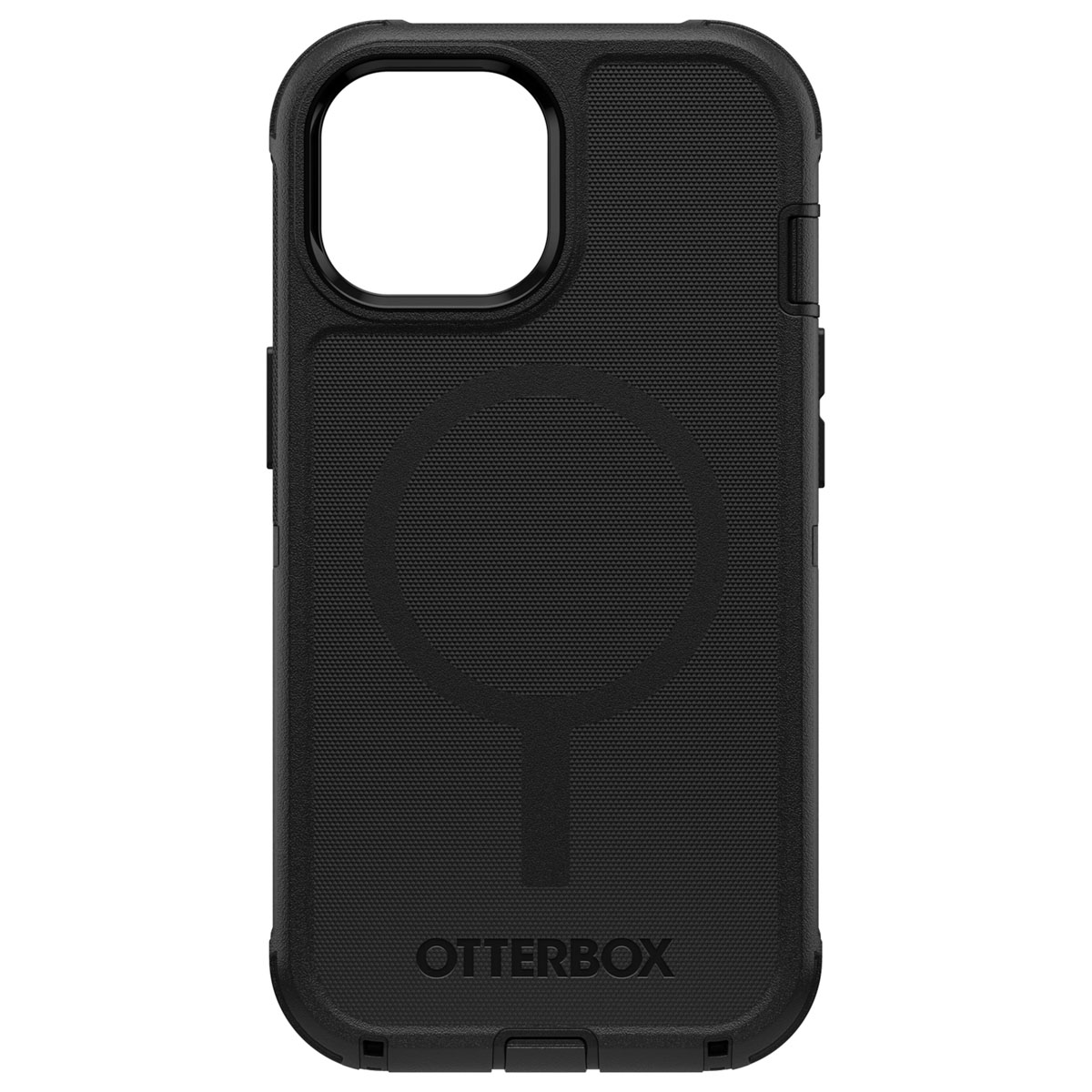 Zwarte Otterbox telefoonhoes met een getextureerde achterkant en een grote camera opening.