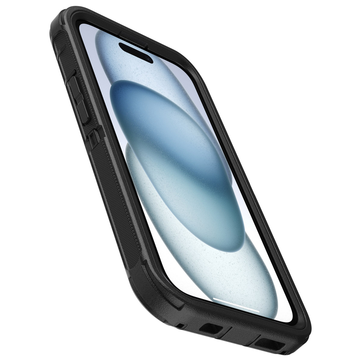 Zwarte telefoonhoes met een zwart frame rond de telefoon. De telefoon zit in de hoes.