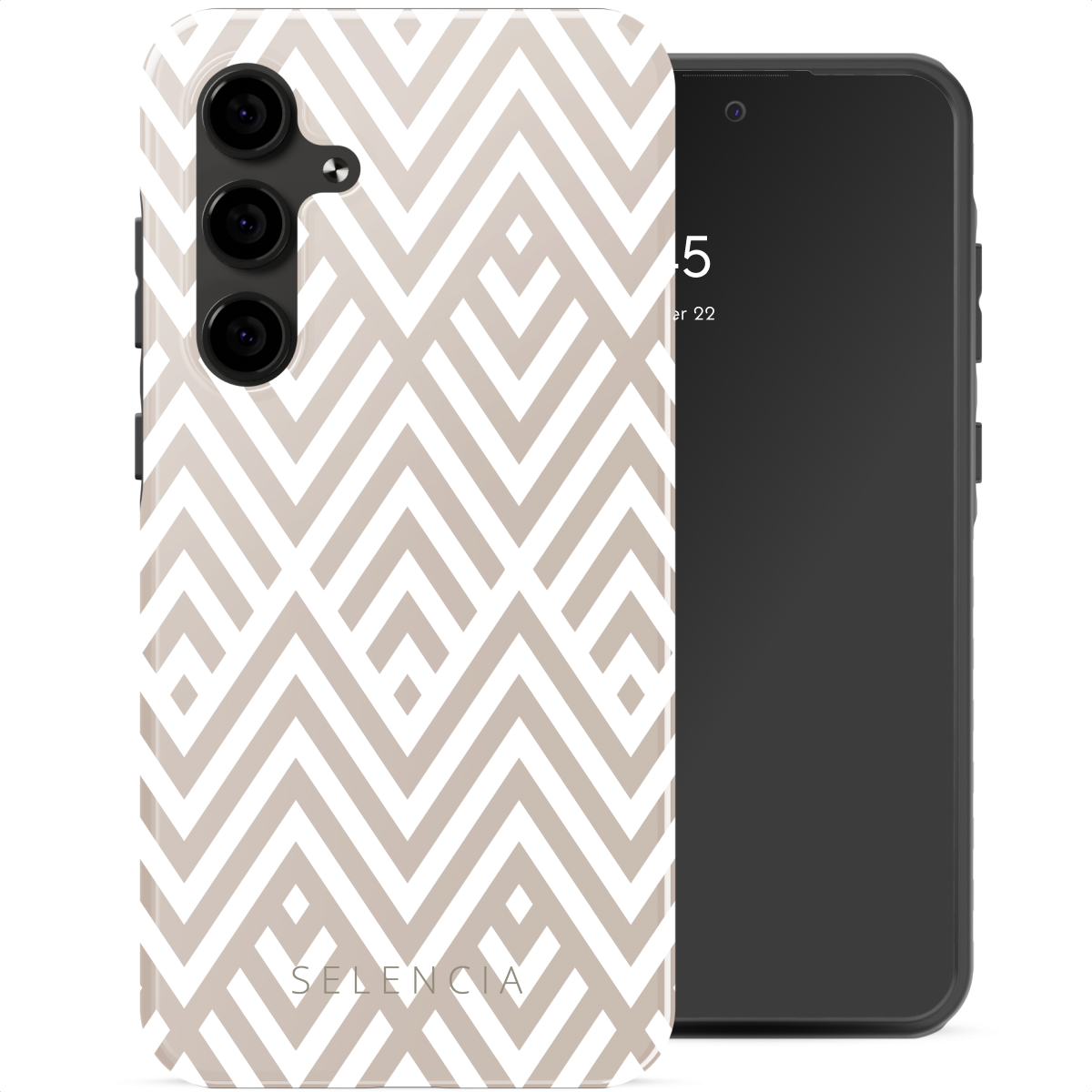 Telefoonhoesje met een wit en beige zigzagpatroon. Zwarte telefoon rechts.
