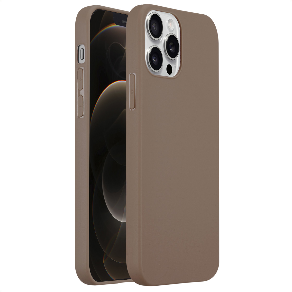 Bruin telefoonhoesje, iPhone rechts. De hoes bedekt de hele telefoon.
