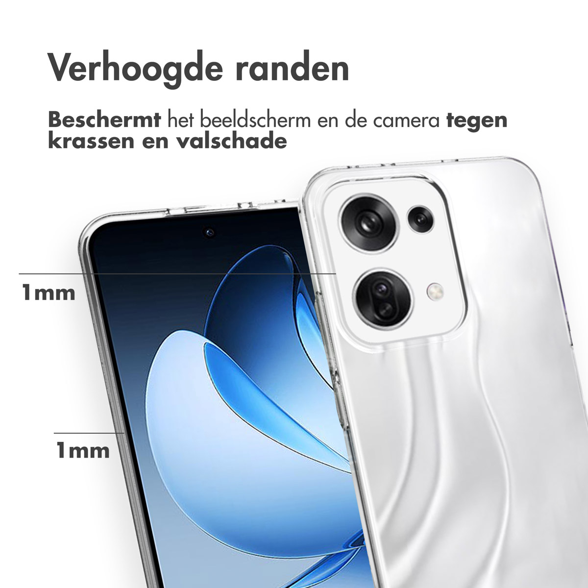 Gros plan sur une coque transparente avec des bords surélevés protégeant l'écran et l'appareil photo.
