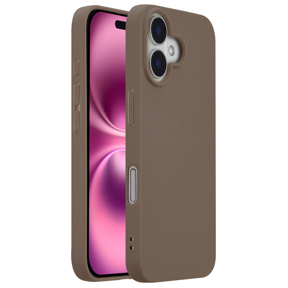 Bruin telefoonhoesje met telefoon. Telefoon heeft twee camera's en een roze scherm.