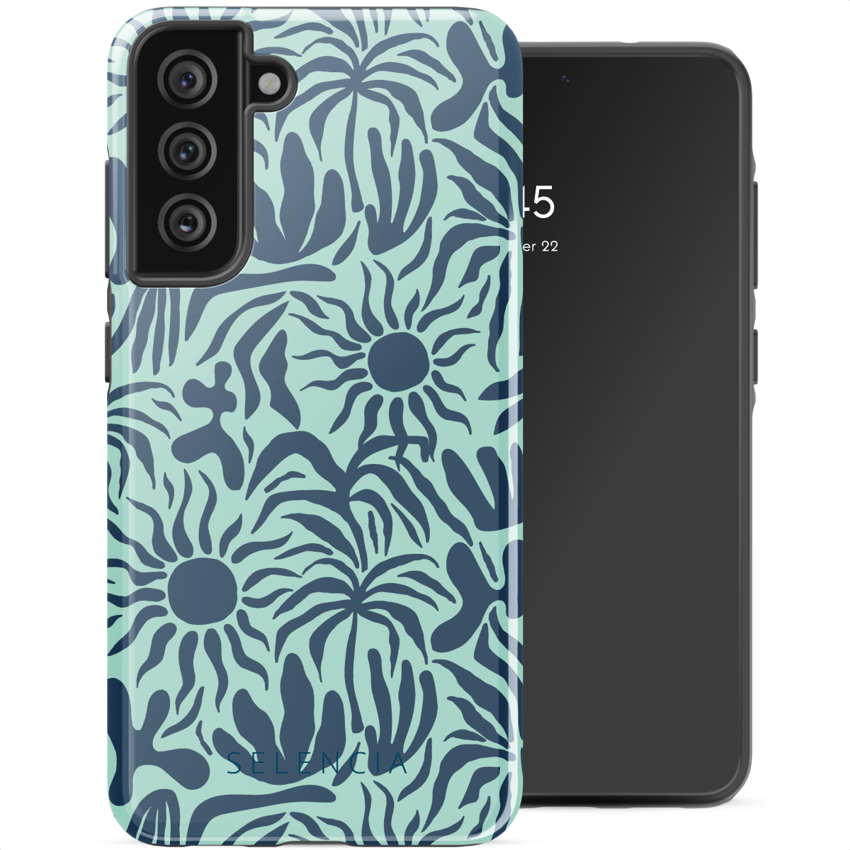 Una custodia per telefono con motivo floreale blu e verde acqua. Un telefono nero a destra.