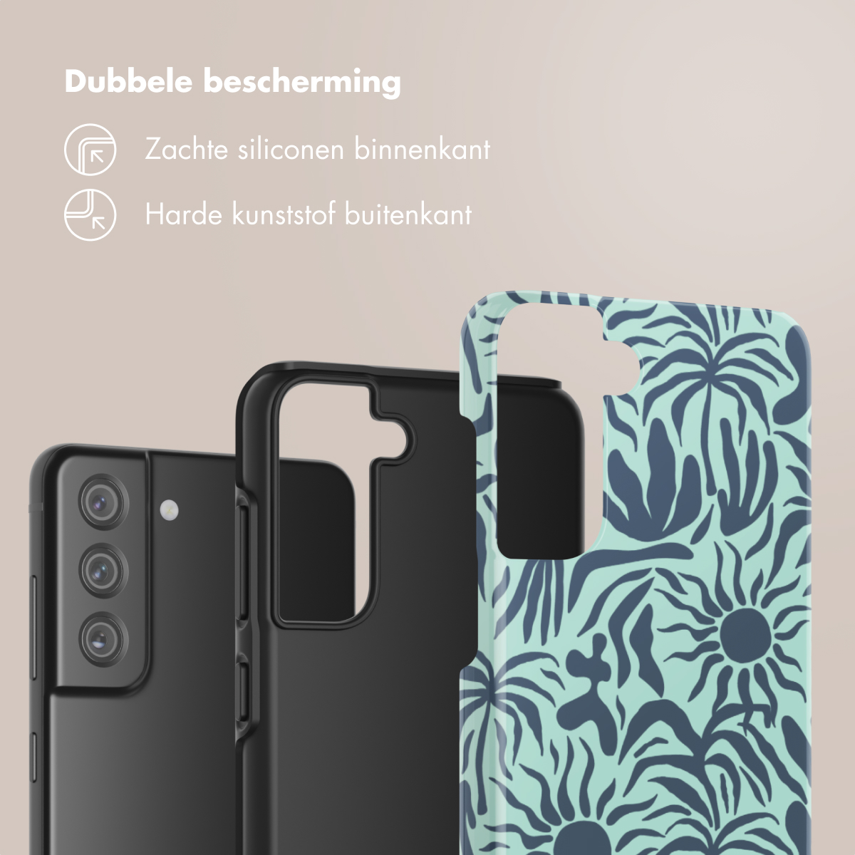 Custodie per telefono con motivi a palme e neri. Testo: Doppia protezione: silicone morbido all'interno e plastica dura all'esterno.
