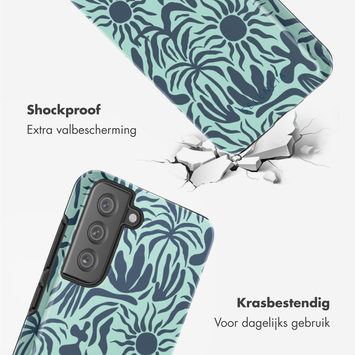 Custodie per telefono con motivi floreali. I testi 'Shockproof' e 'Krasbestendig' sono visibili.