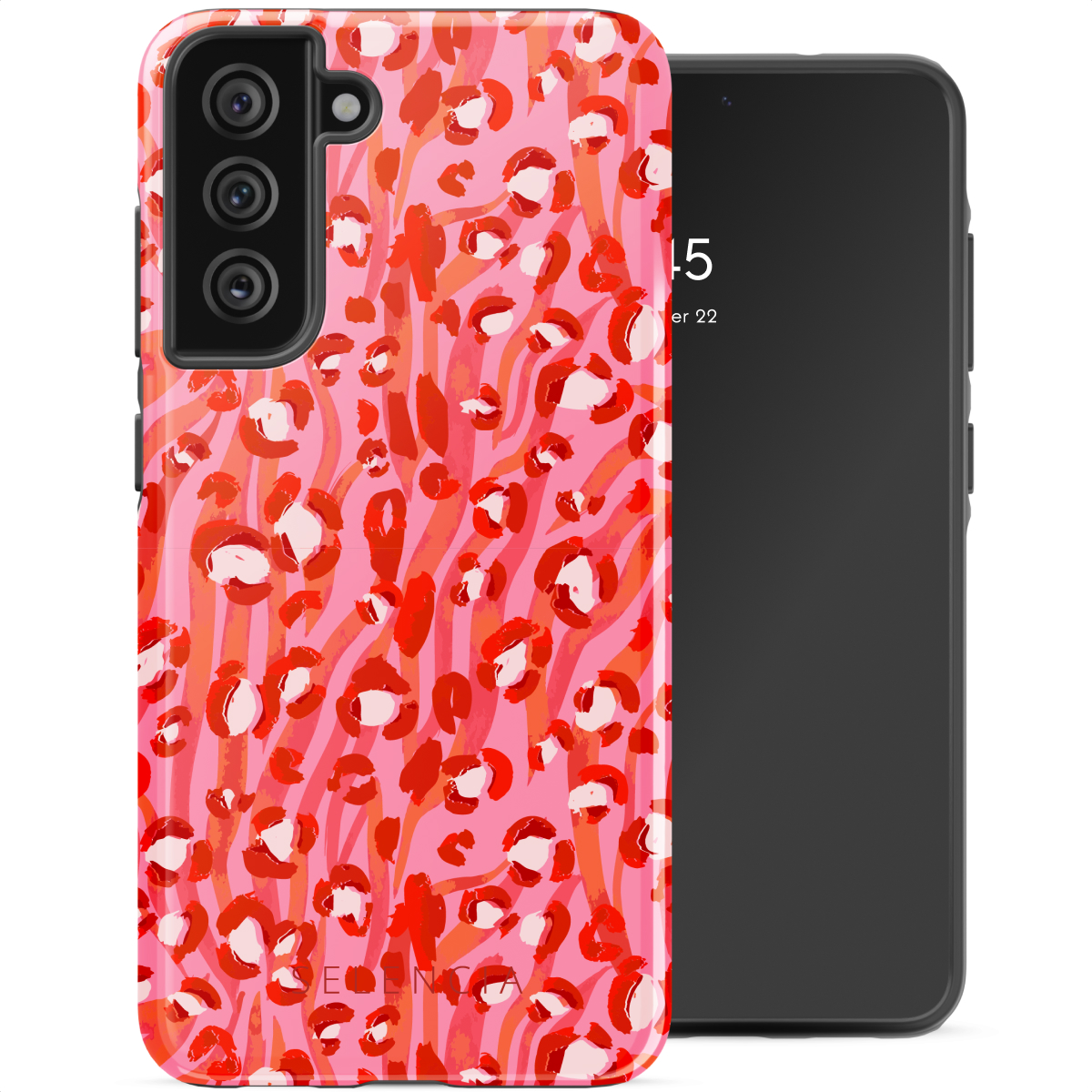 Custodia per telefono con motivo leopardato rosa e un telefono.
