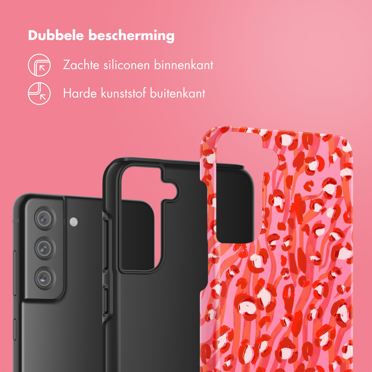 Tre custodie per telefono, una su un telefono. Una nera, una rosa con motivo rosso e un telefono.
