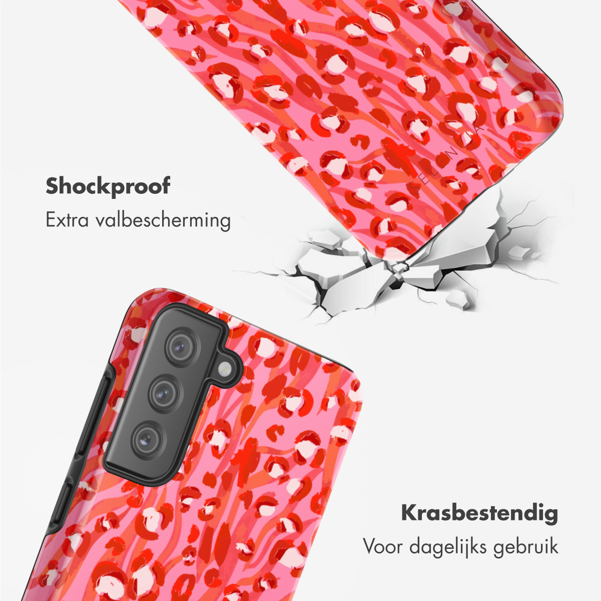 Due custodie. Una con stampa leopardata rossa e una con design rosso e rosa. Incrinatura sotto.
