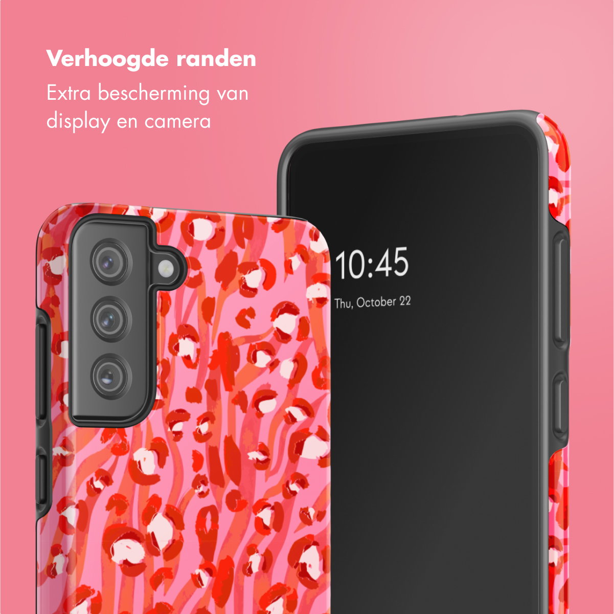 Custodia per telefono con motivo rosso e rosa. Testo: Bordi rialzati per la protezione dello schermo e della fotocamera.