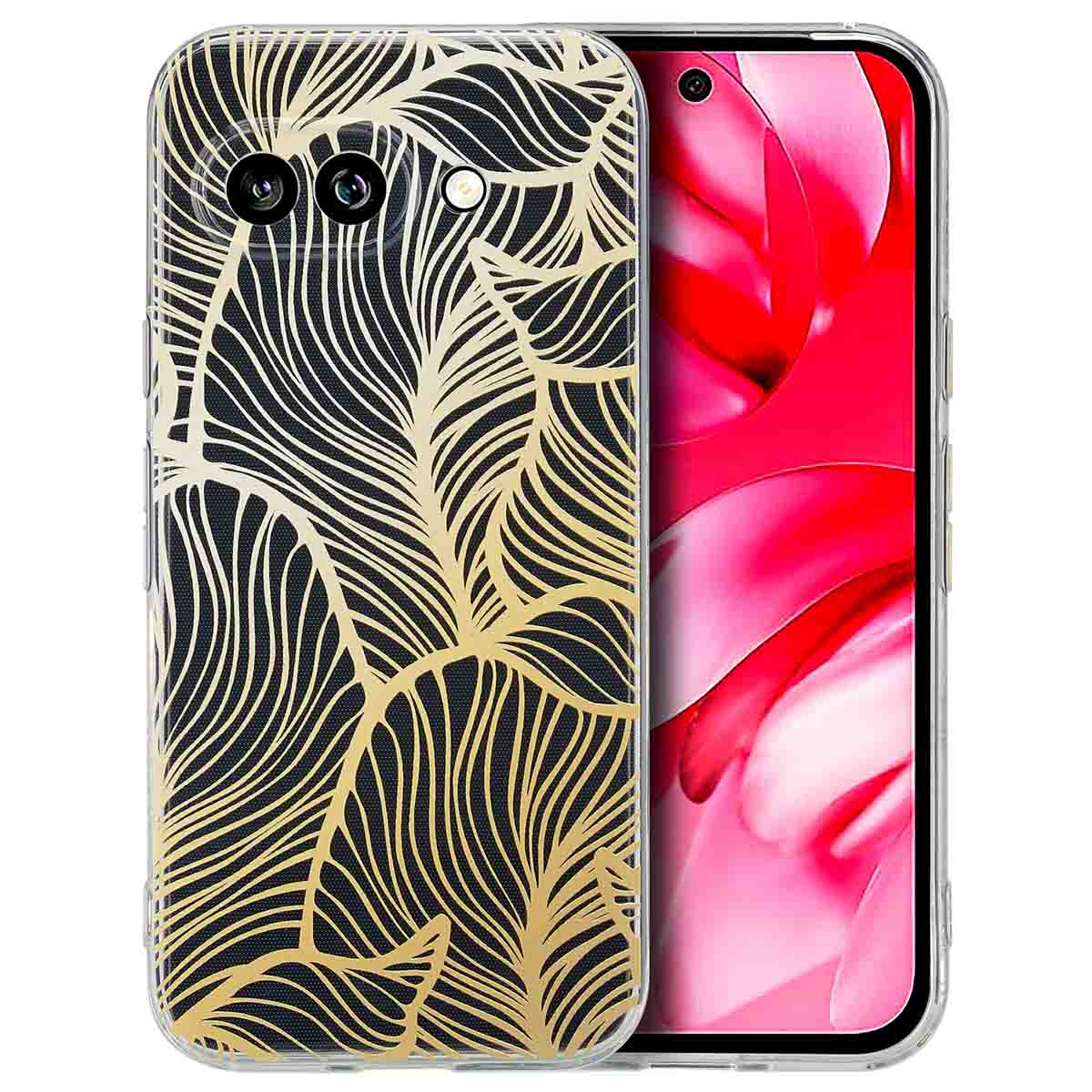 Coque de téléphone avec motif de feuilles dorées sur un téléphone. Le téléphone est à l'intérieur de la coque. Le fond est rose.