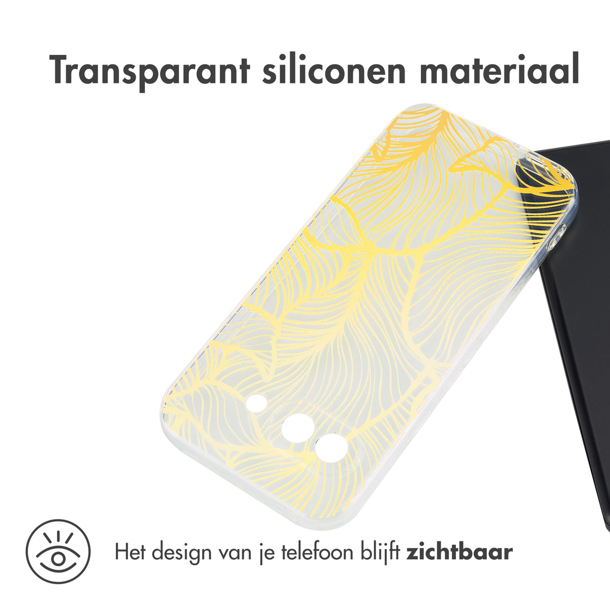 Coque de téléphone transparente avec un motif jaune. Texte : Le design de votre téléphone reste visible.