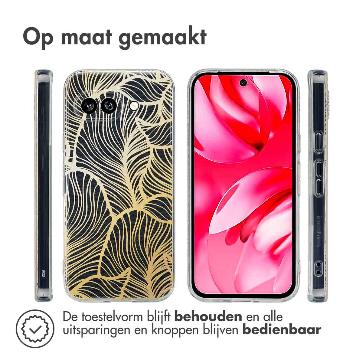 Coques, design de feuilles noires et dorées, vues latérales. La forme du téléphone est conservée.