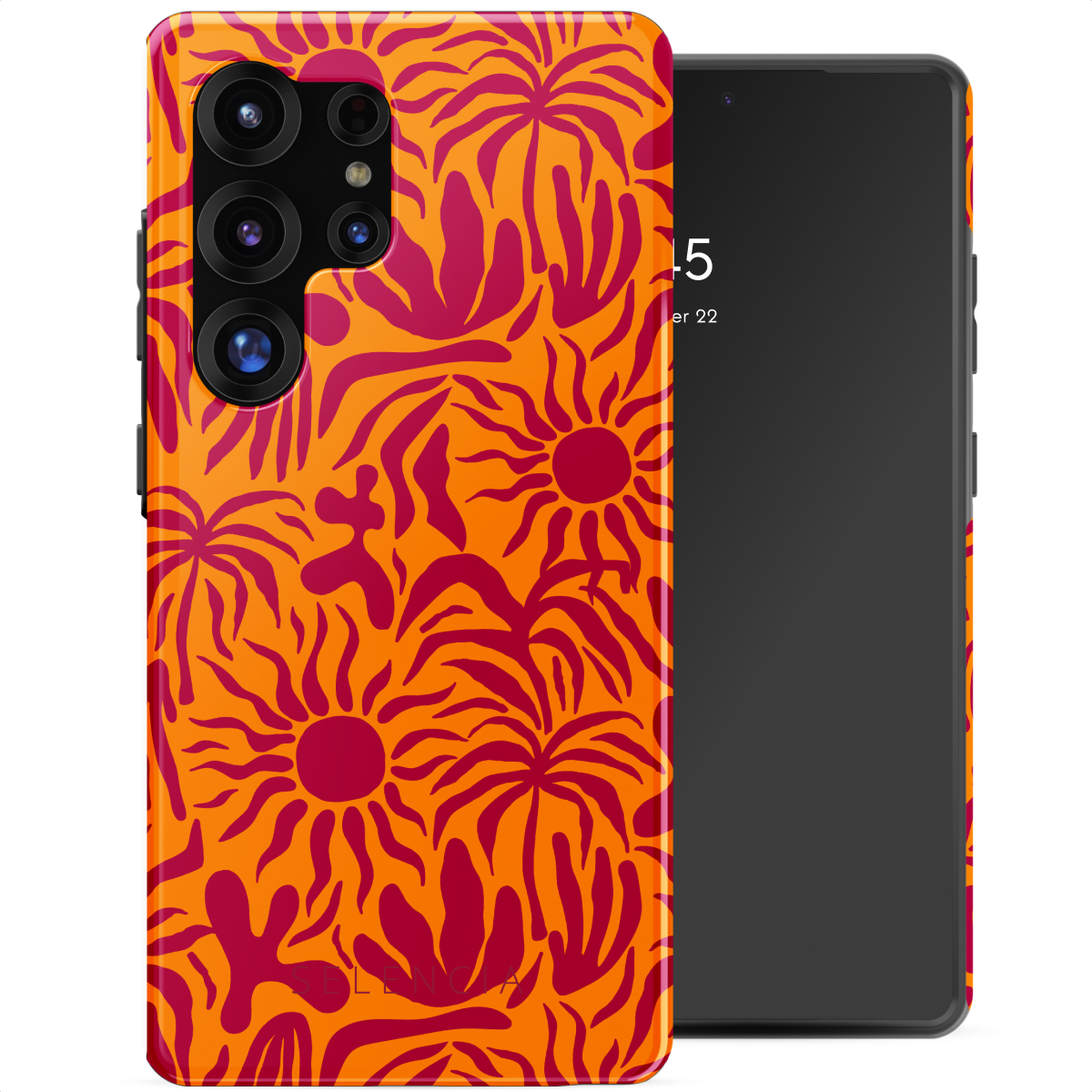 Twee telefoons; één in een oranje hoesje met rood bloemenontwerp, de andere met tijdweergave.