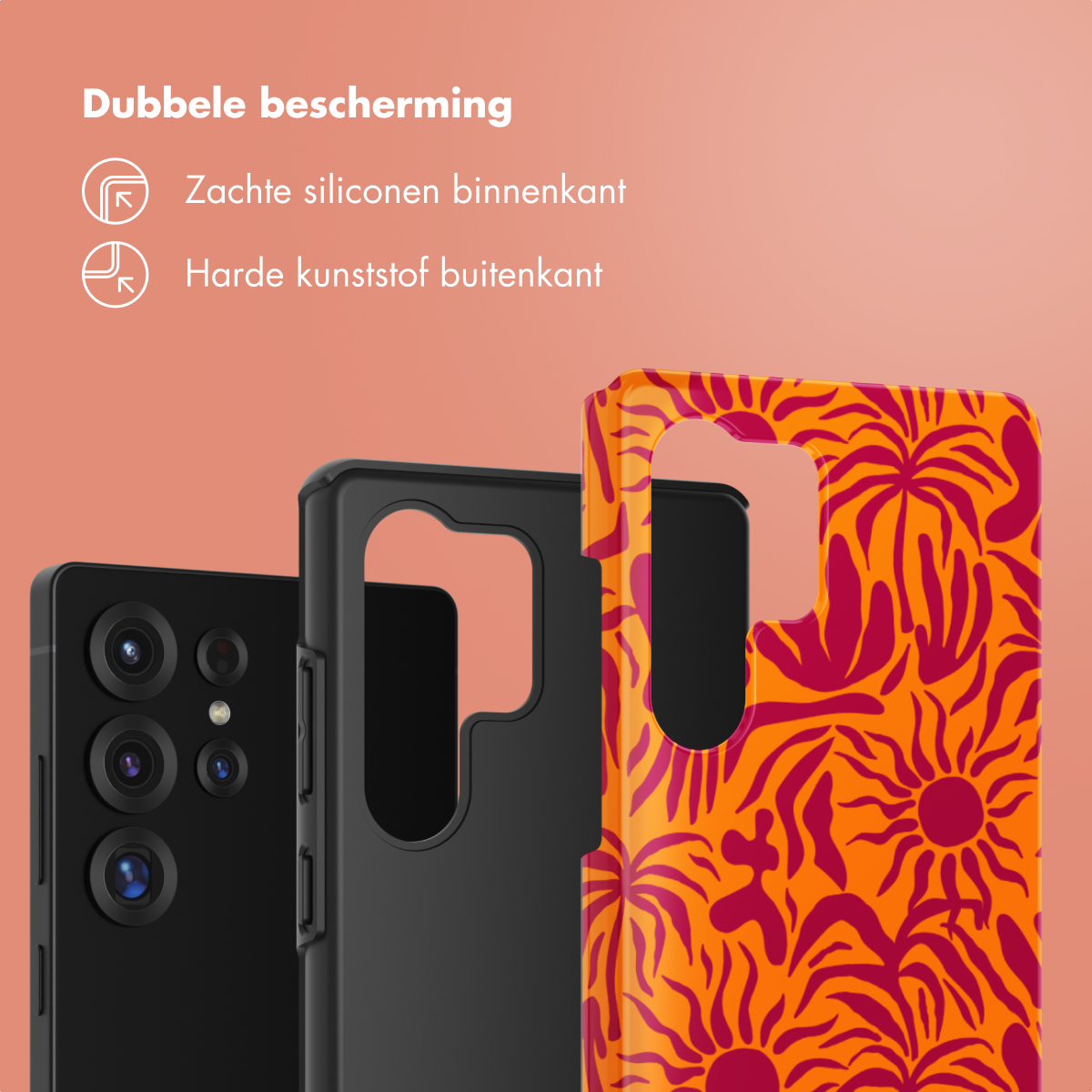 Telefoonhoesjes, één zwart, één oranje met roze design, die het dubbele beschermingsconcept tonen.