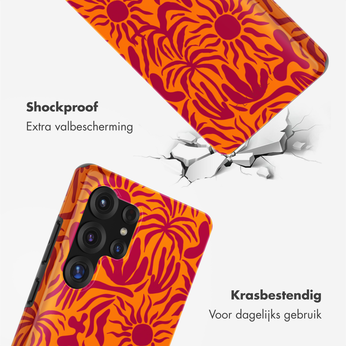 Oranje telefoonhoesje met rood bloemendesign, gebarsten glaseffect en tekst.