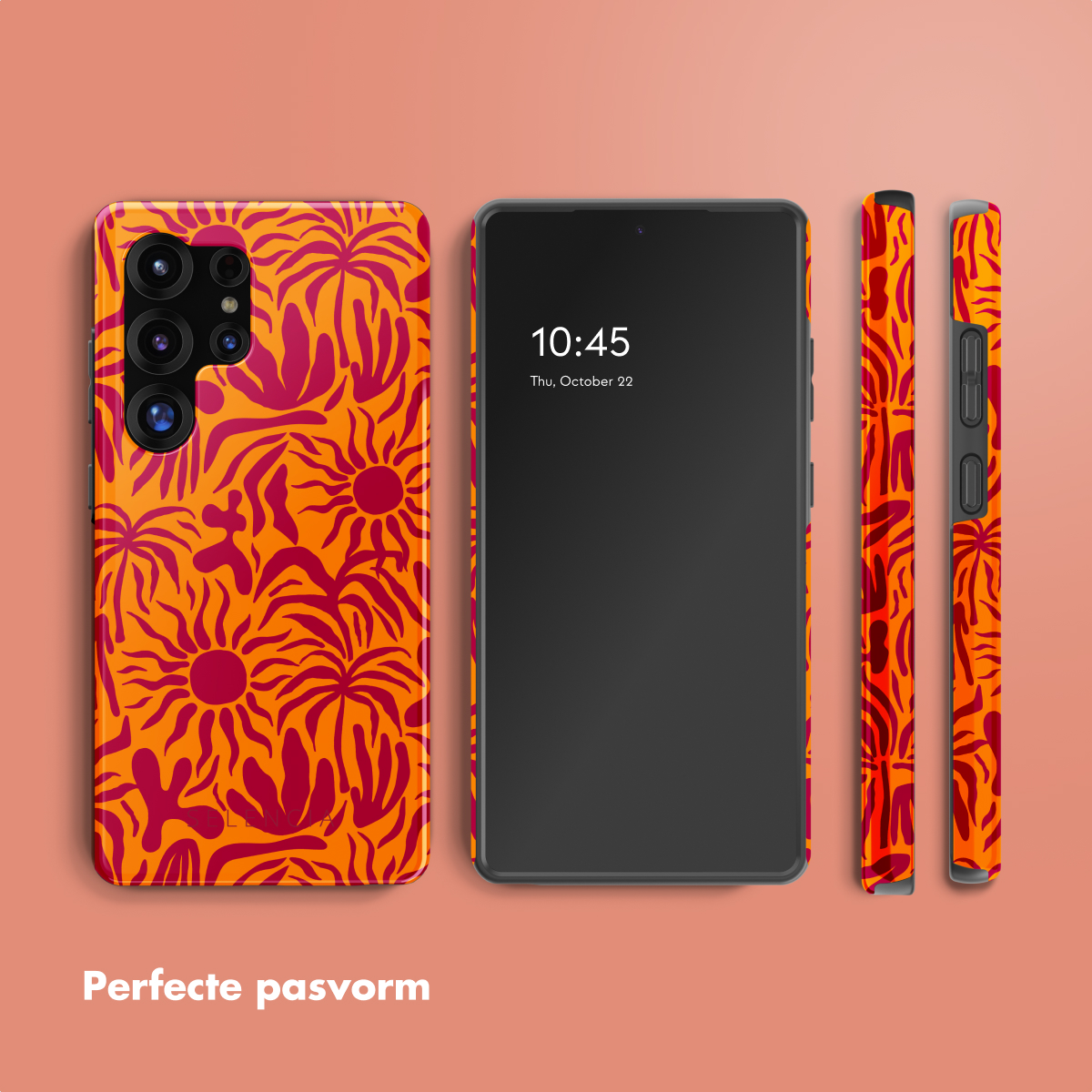 Telefoon en hoesje met een oranje bloemenpatroon.