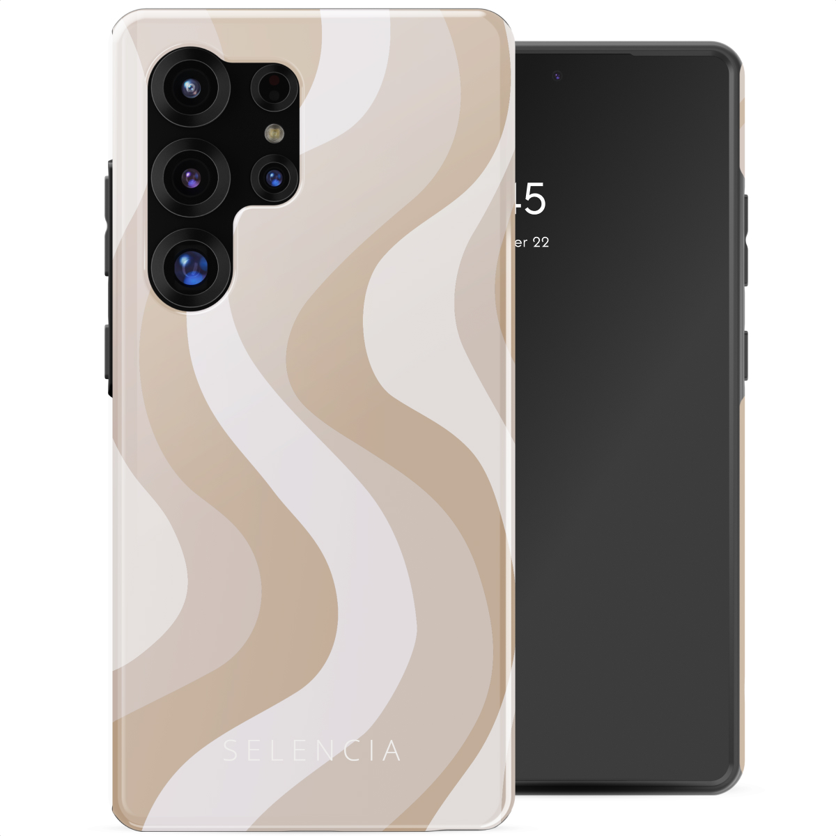Een telefoon met een hoesje met een beige golvend ontwerp op een lichte achtergrond. Het woord Selencia staat op de hoes.