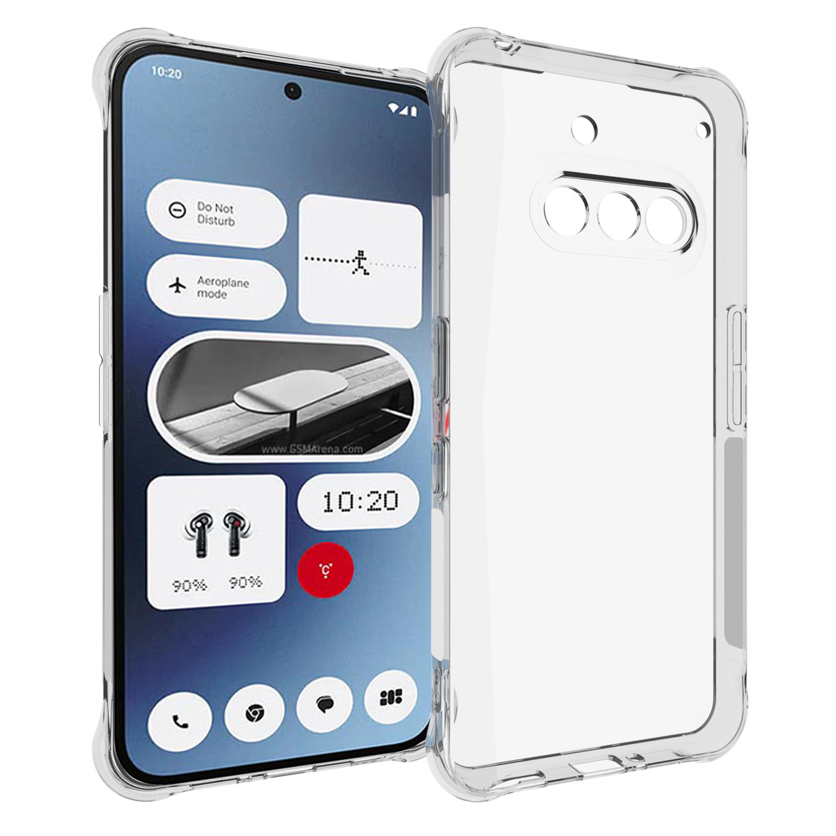 Telefono in una custodia trasparente, con uno schermo di notifica visibile. Custodia trasparente attorno al telefono.