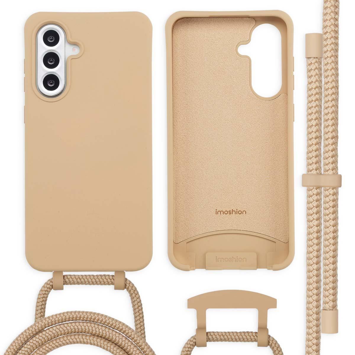 Phone case, phone and strap. Phone case is tan, and background is tan. The strap is tan too.