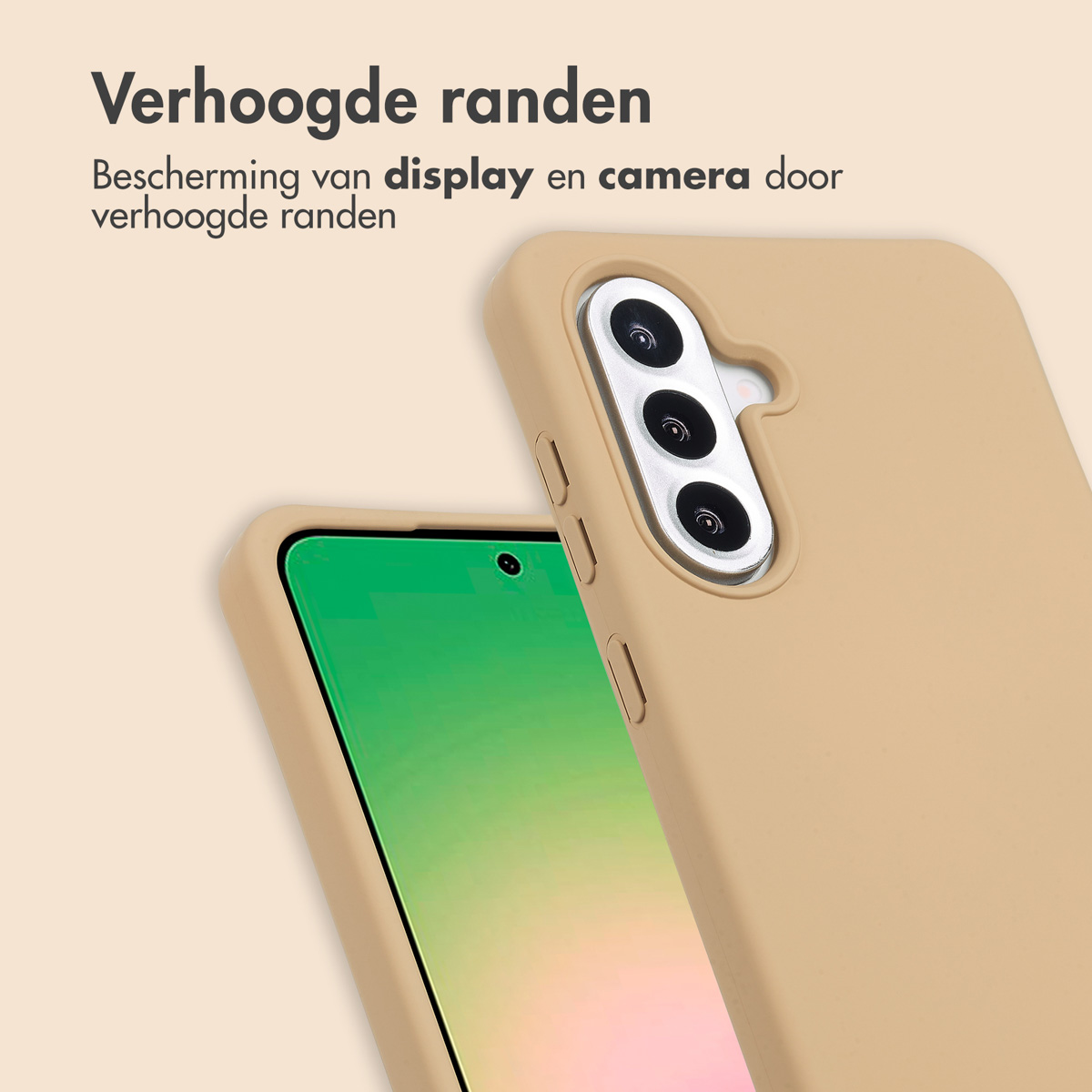 Phone inside a tan case, phone's camera is visible, close-up view.