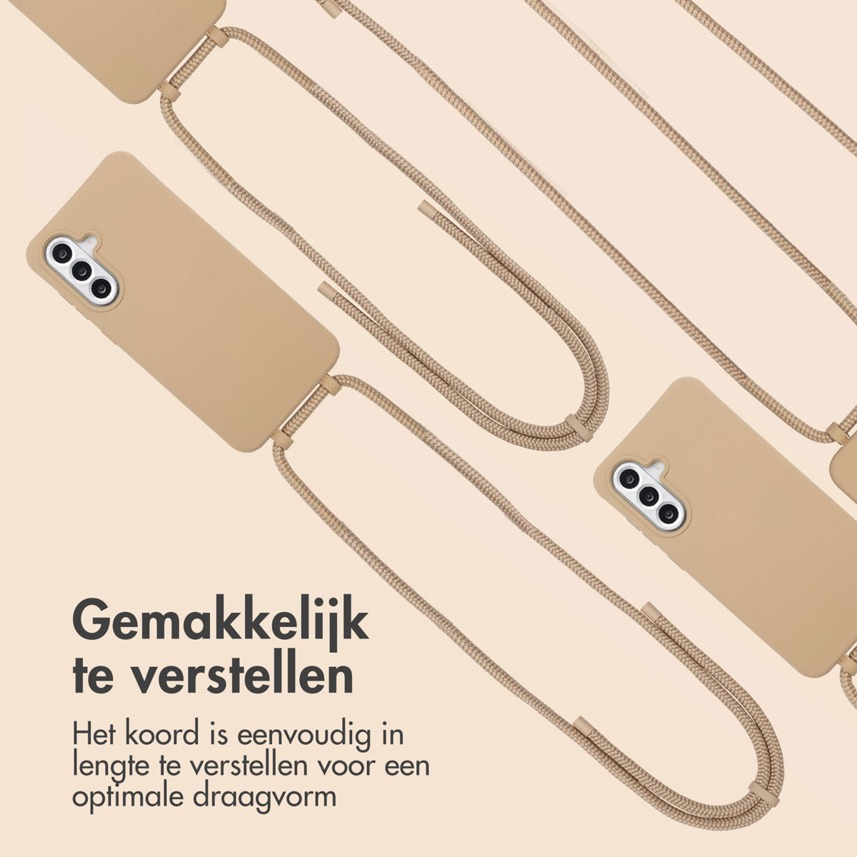 Tan phone cases with cords. Text: Easy to adjust. The cord is easy to adjust for an optimal carrying form.