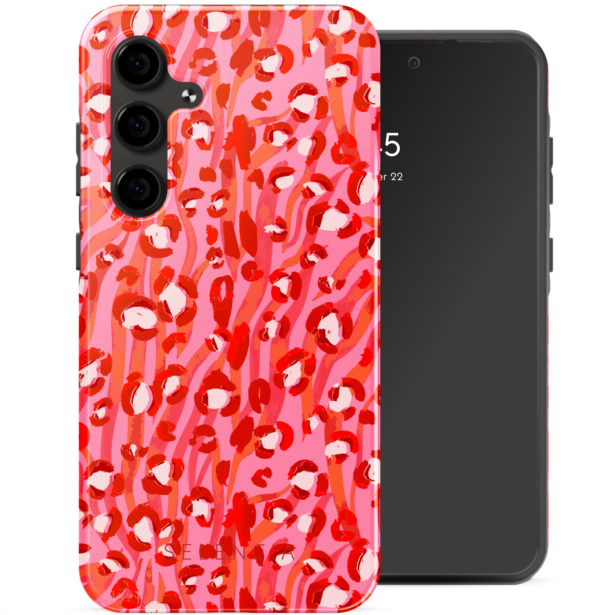 Telefoonhoesje met rode en witte luipaardprint op roze achtergrond. Telefoon aan de rechterkant is zwart.