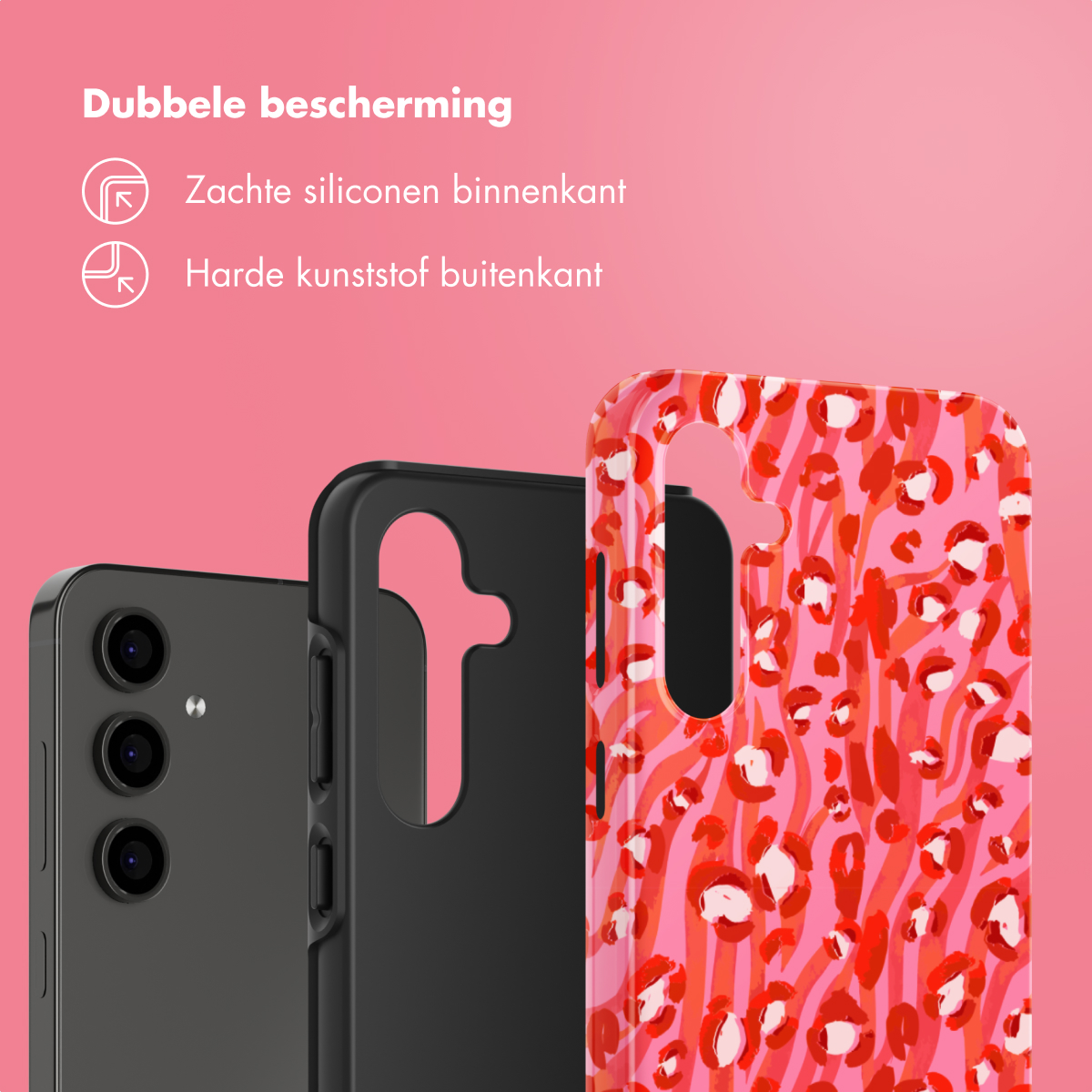 Telefoonhoesje met rode en roze dierenprint. Zwarte telefoon links. Roze achtergrond.