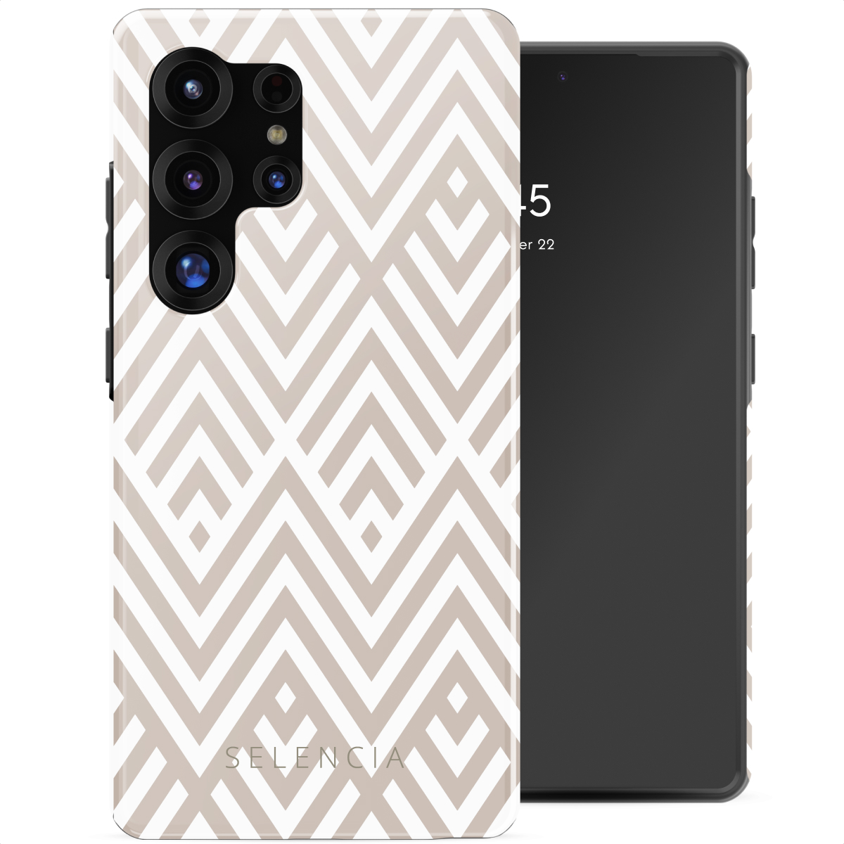 Een telefoon met een beige en witte geometrisch patroonhoes en een zwarte telefoon. Witte achtergrond.