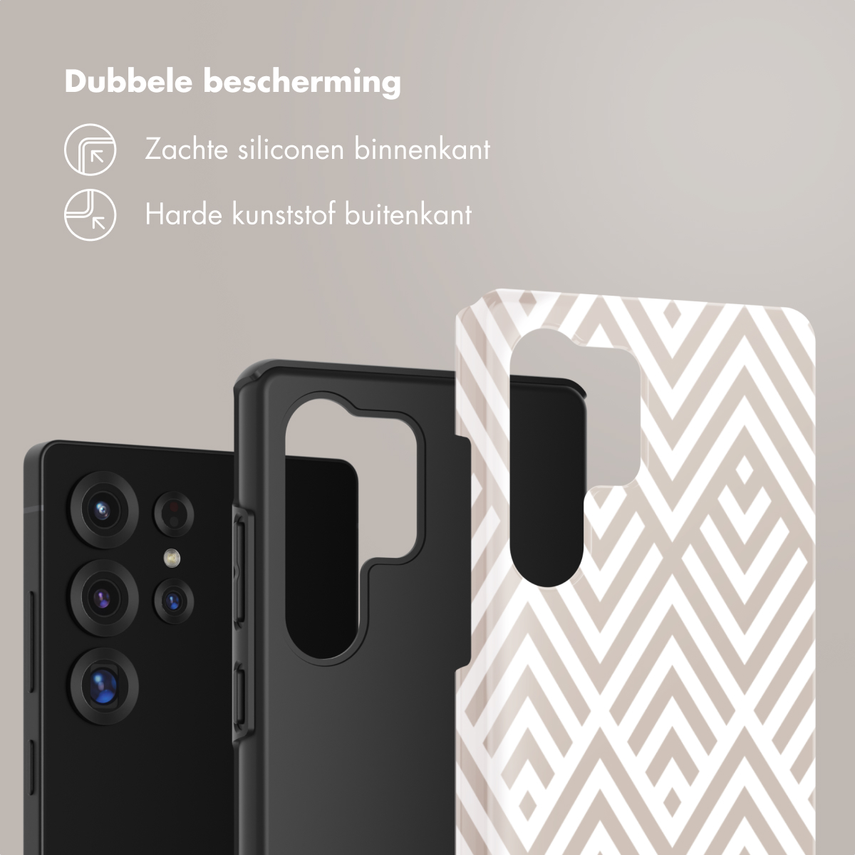 Telefoonhoesjes met wit zigzagpatroon. Tekst: Dubbele bescherming: zachte siliconen binnenkant en hard plastic buitenkant.