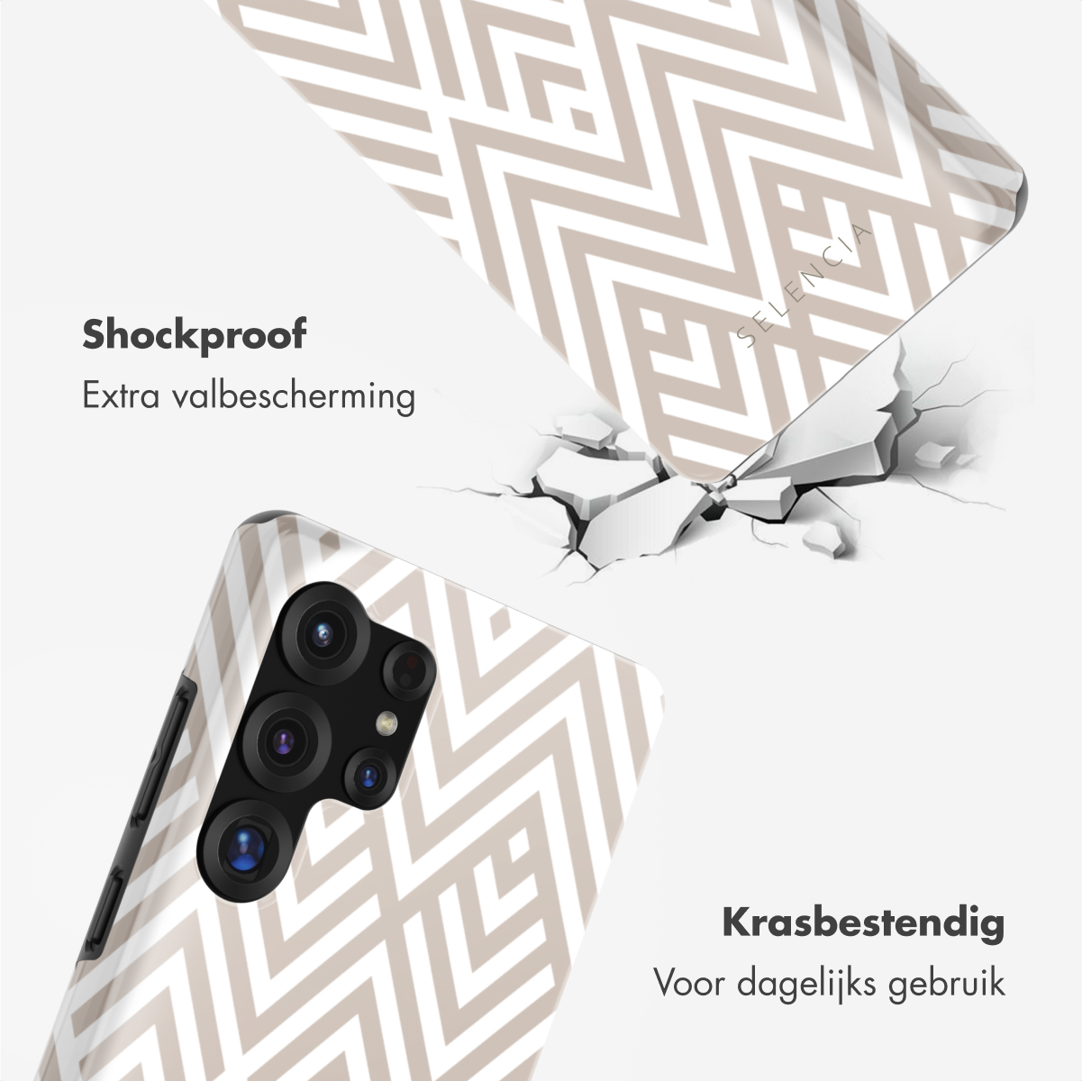 Telefoonhoesje met beige en wit zigzagpatroon, tekst 'Schokbestendig'. Gebarsten oppervlak suggereert bescherming.
