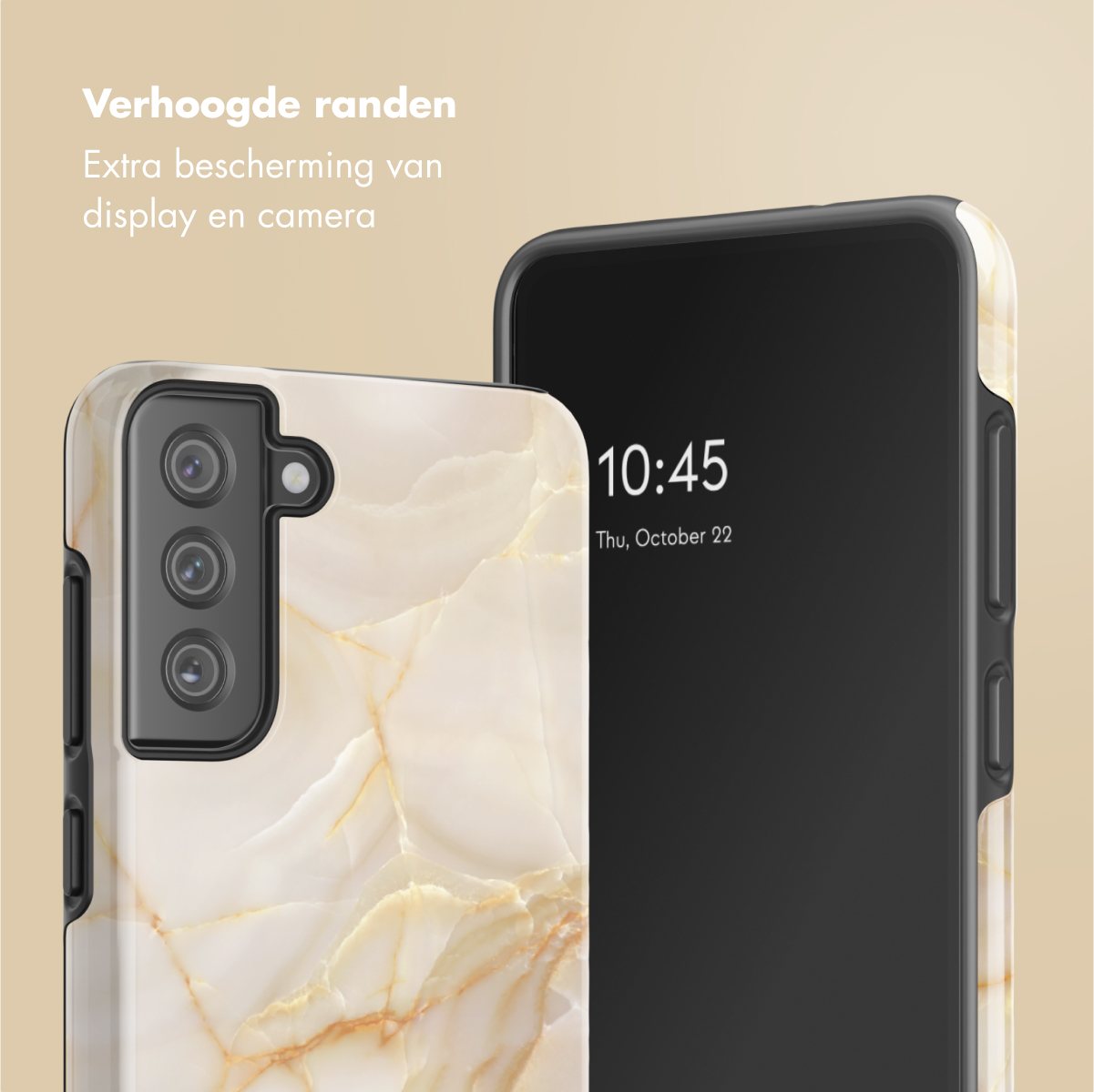 Due telefoni; uno in una custodia beige a motivi marmorei, l'altro con orologio su schermo nero.