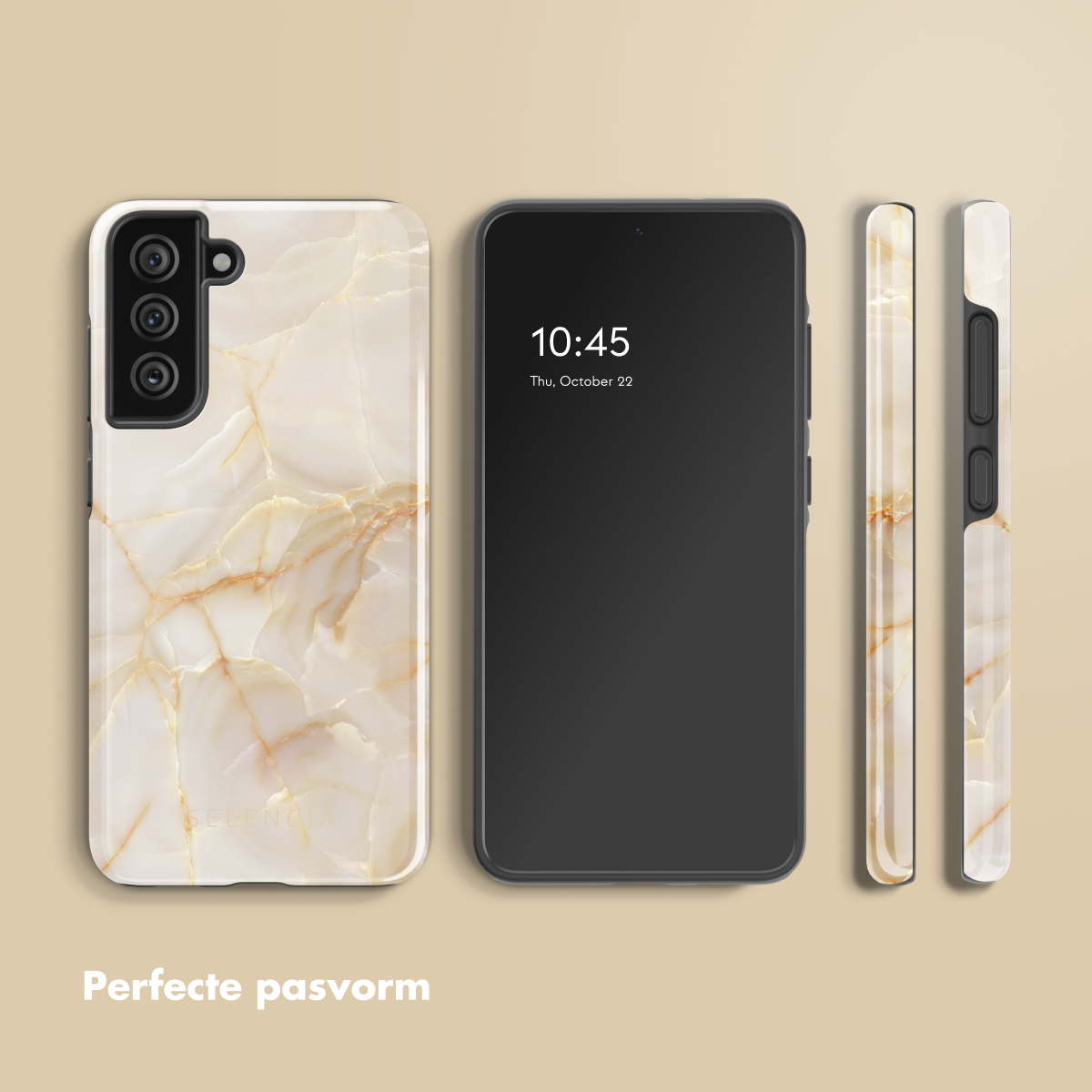 Custodia per telefono con design marmoreo, telefono e vista laterale. Il testo 'Perfecte pasvorm' è visibile.