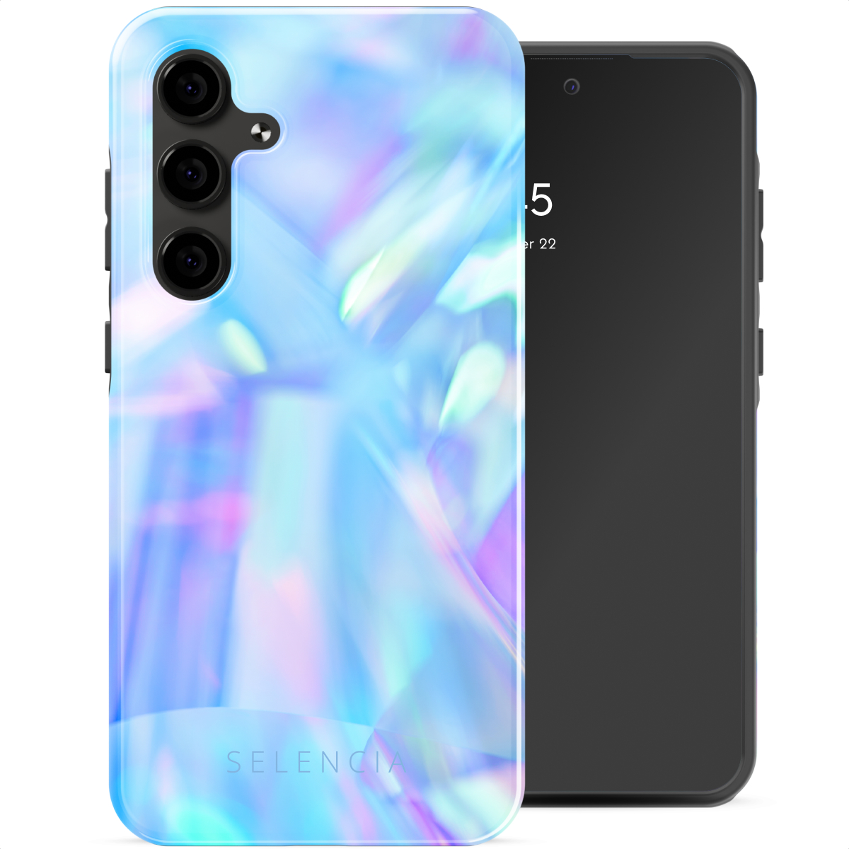 Telefoonhoesje met een blauw en paars iriserend ontwerp op een telefoon met een zwart scherm.