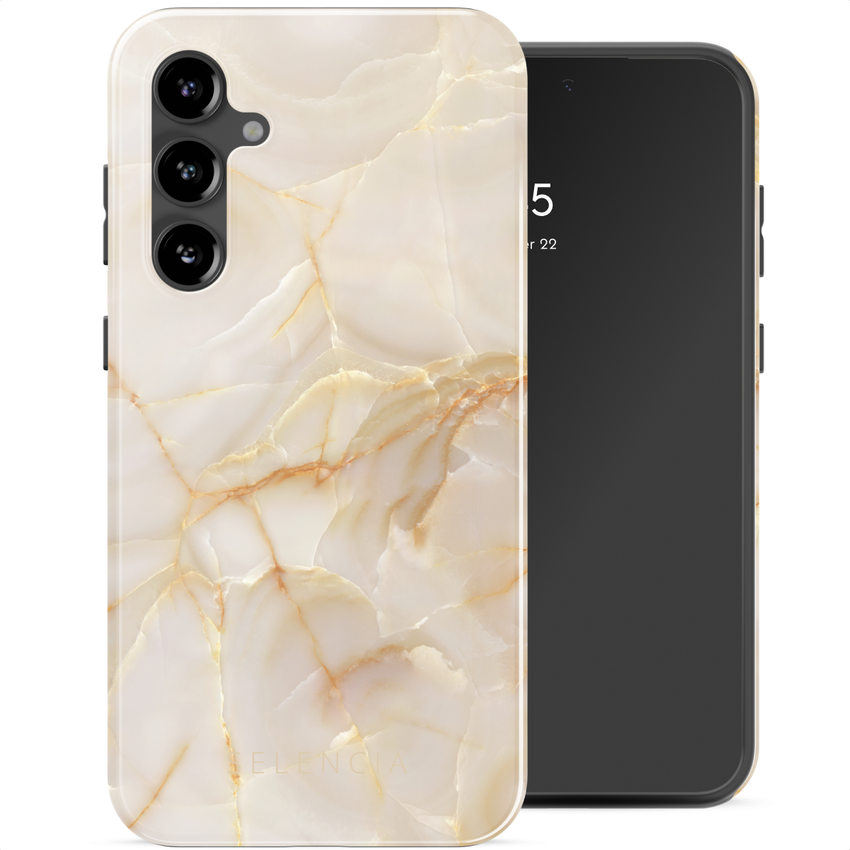 Custodia per telefono con design marmoreo accanto a un telefono nero.